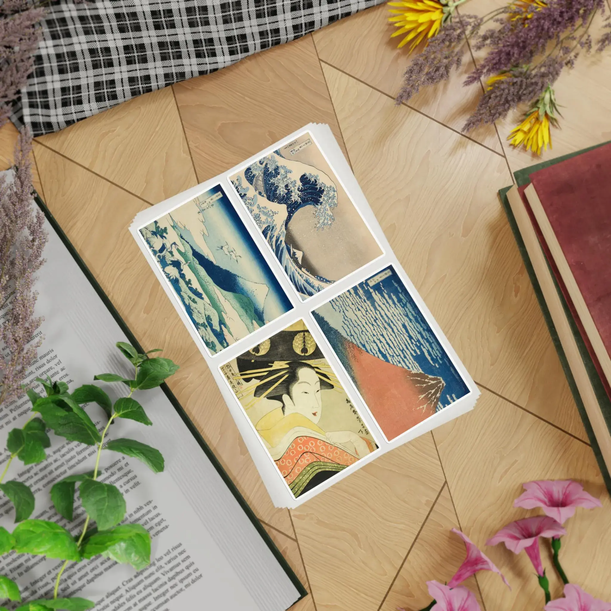 Ukiyo-e Sticker Sheet Set - Hokusai's Great Wave, Red Fuji, Umezawa & Edo Beauty by Eisho | Japanese Art Collection | 4-in-1 Premium Vinyl