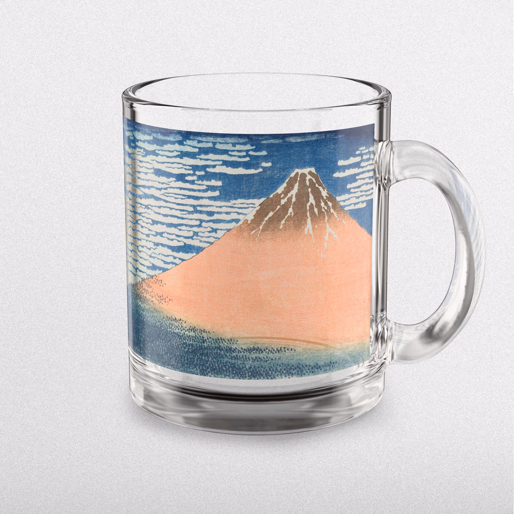 Red Fuji Glass Mug by Hokusai - Elegant 10oz Clear Art Mug Featuring Famous Ukiyo-e Mt. Fuji Print, Perfect for Coffee or Tea Moments